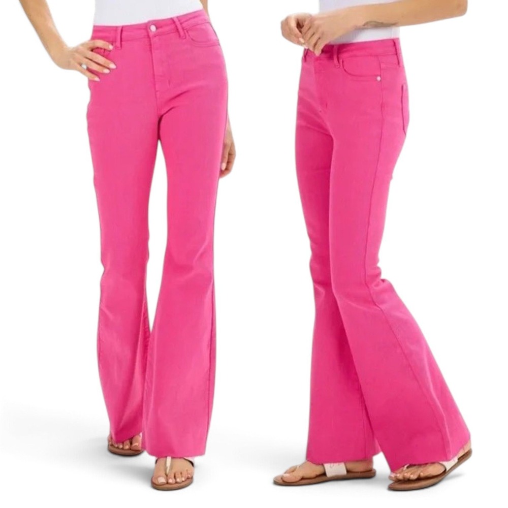 Judy Blue Flare Jeans Womens 5/27 (Fits as 26) Hot Pink High Waist Raw Hem NEW